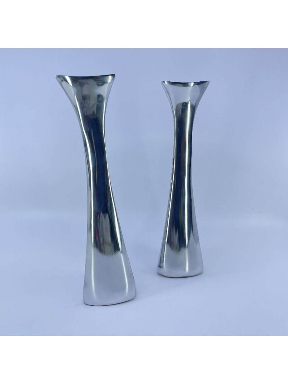 vintage nambe modernist tri-corner candleholders sleek brushed finish 2004